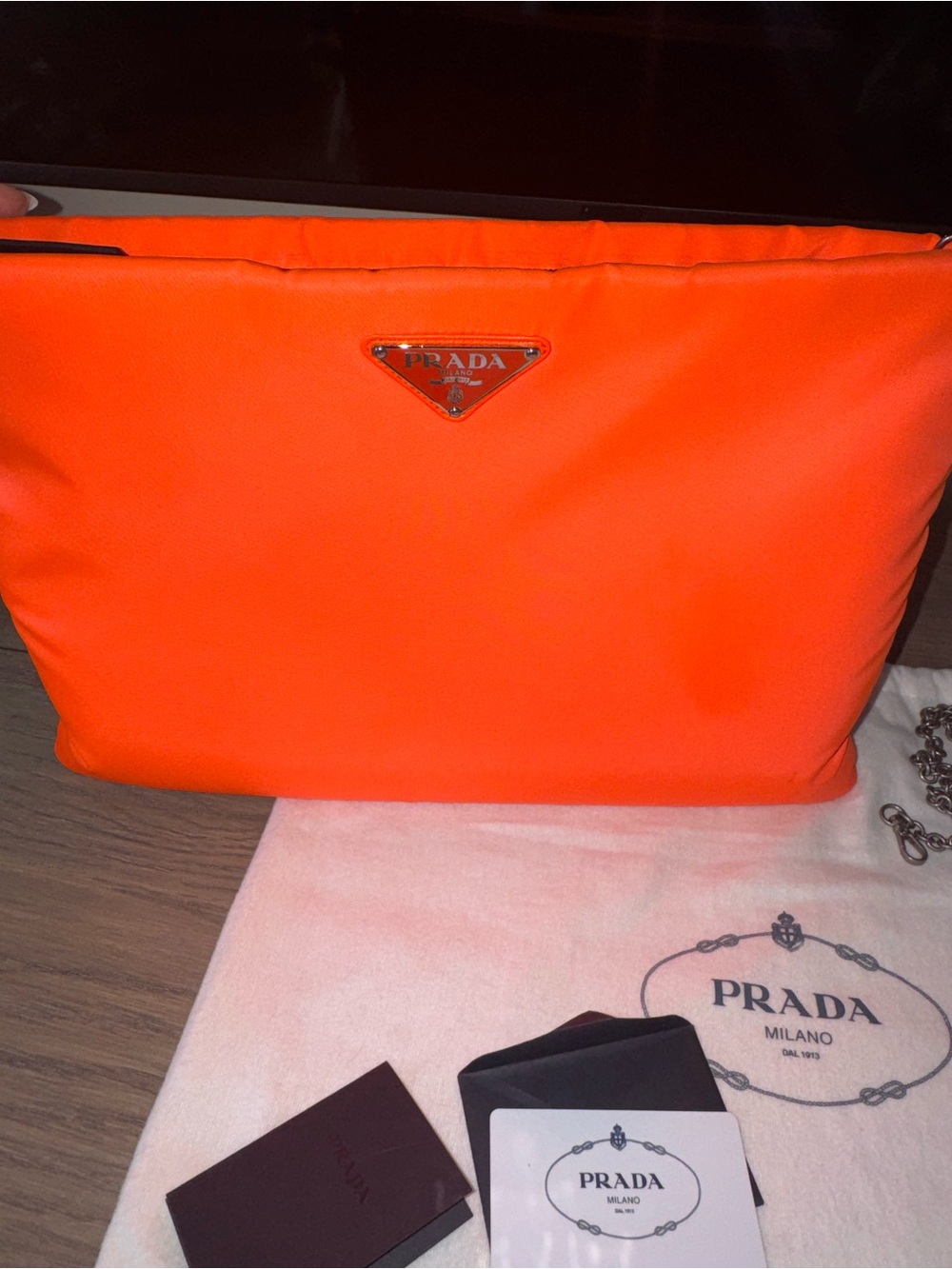 Prada Tessuto Soft Large Clutch Arancio Fluo w/ chain & dust bag
